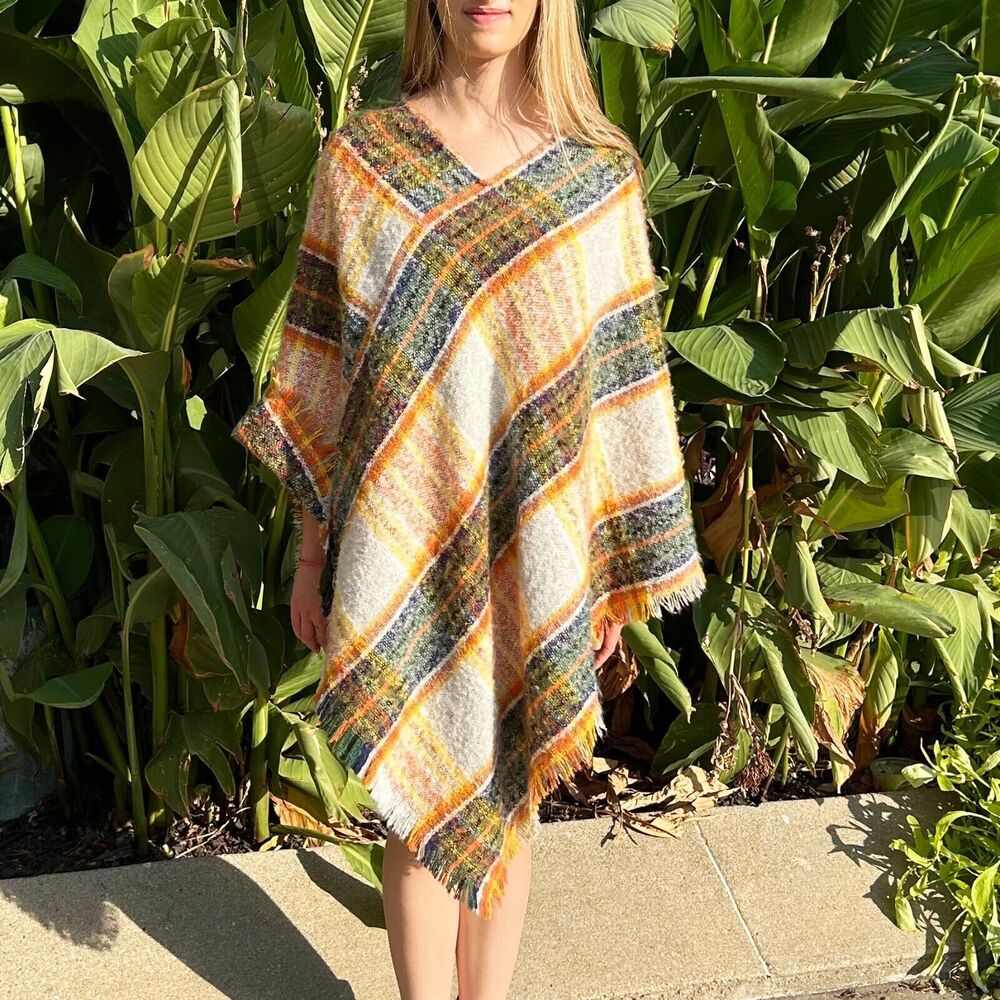 Plaid Poncho Green Orange Gold Brown Handkerchief Angie Women's One Size